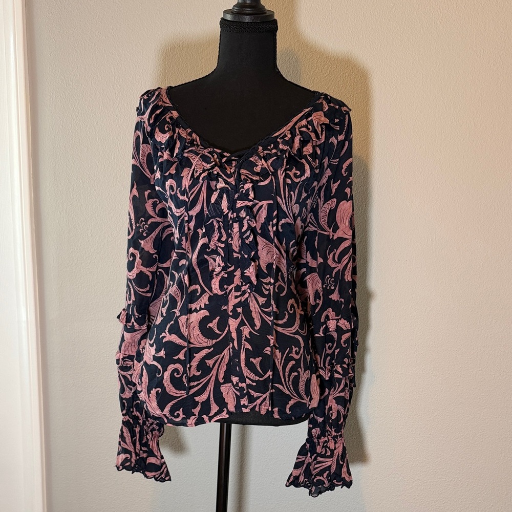 Anthropologie Floral Print Women's Top - Pink and Navy